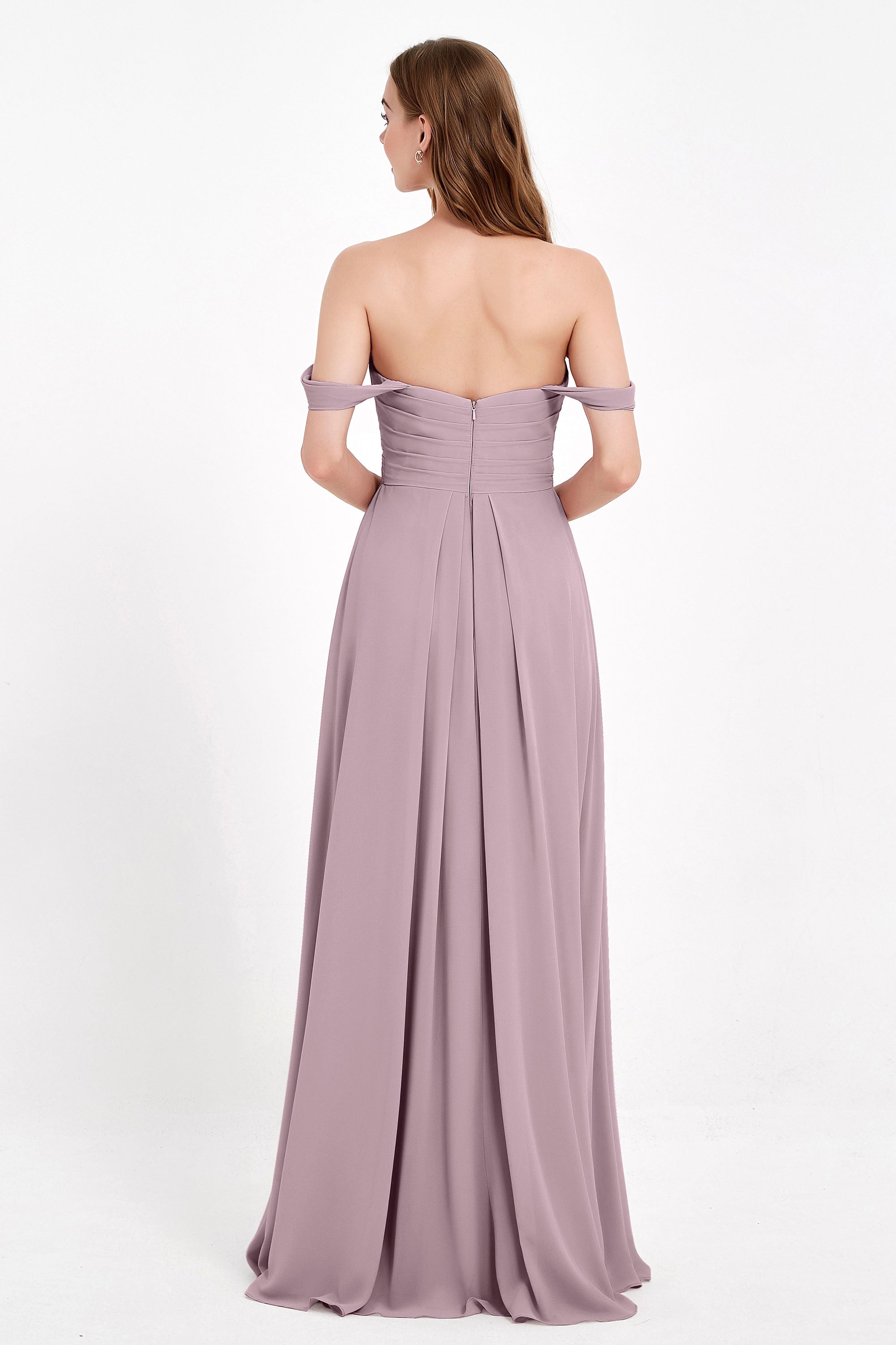 Off the Shoulder Chiffon Empire Bridesmaid Dress Pleated Ruched Long Formal Evening Gowns