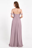 Off the Shoulder Chiffon Empire Bridesmaid Dress Pleated Ruched Long Formal Evening Gowns