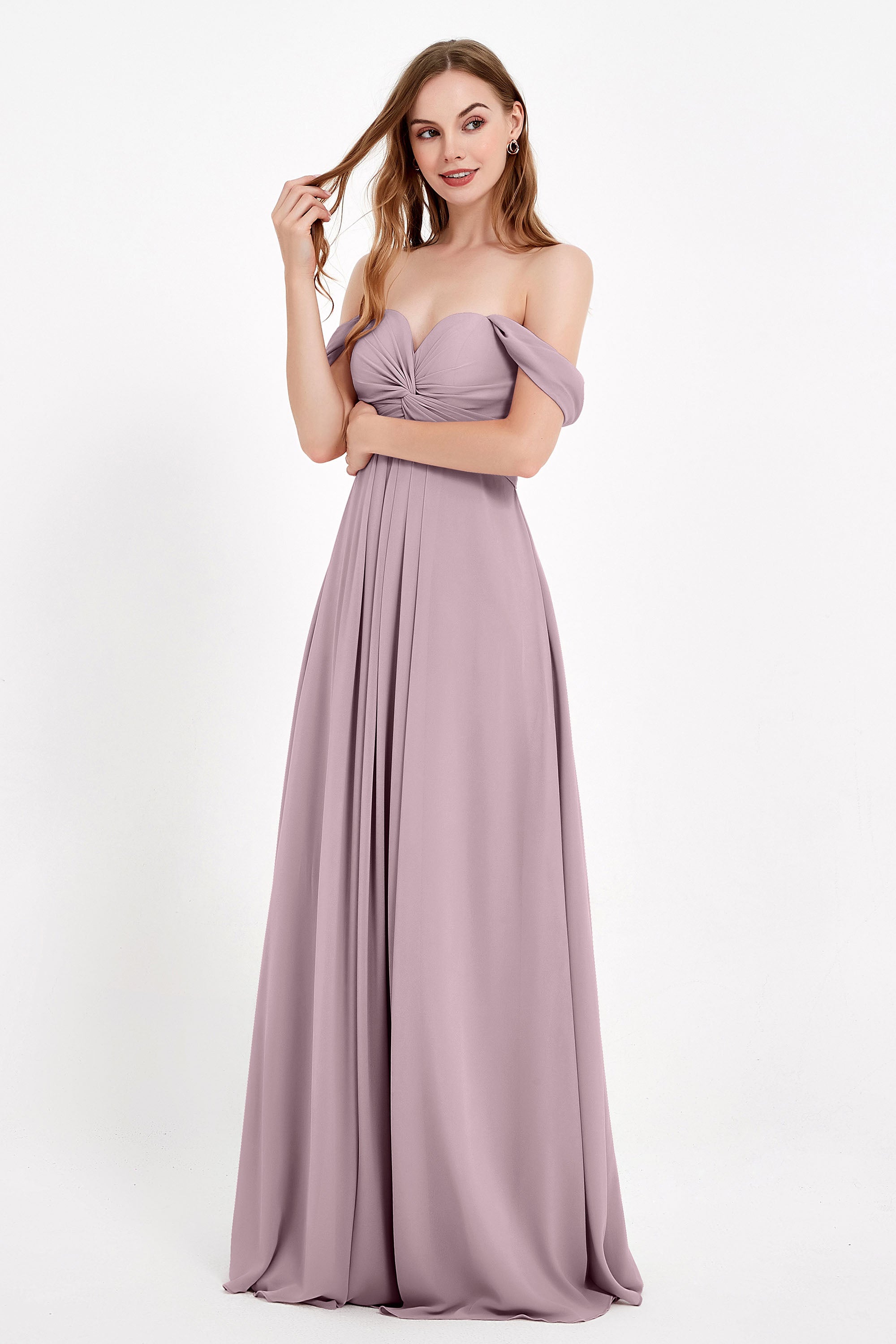 Off the Shoulder Chiffon Empire Bridesmaid Dress Pleated Ruched Long Formal Evening Gowns