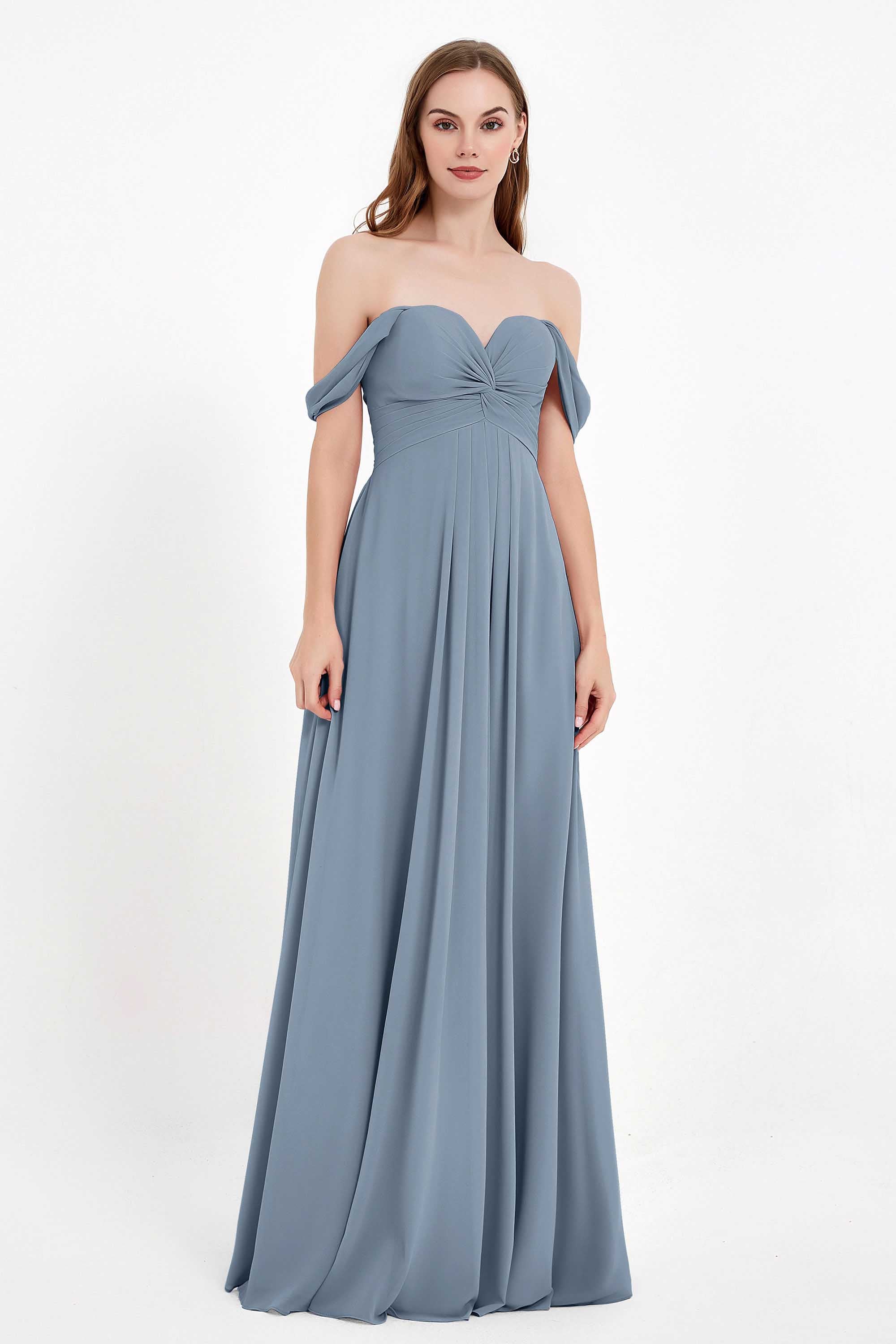 Off the Shoulder Chiffon Empire Bridesmaid Dress Pleated Ruched Long Formal Evening Gowns