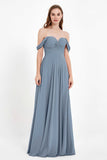 Off the Shoulder Chiffon Empire Bridesmaid Dress Pleated Ruched Long Formal Evening Gowns