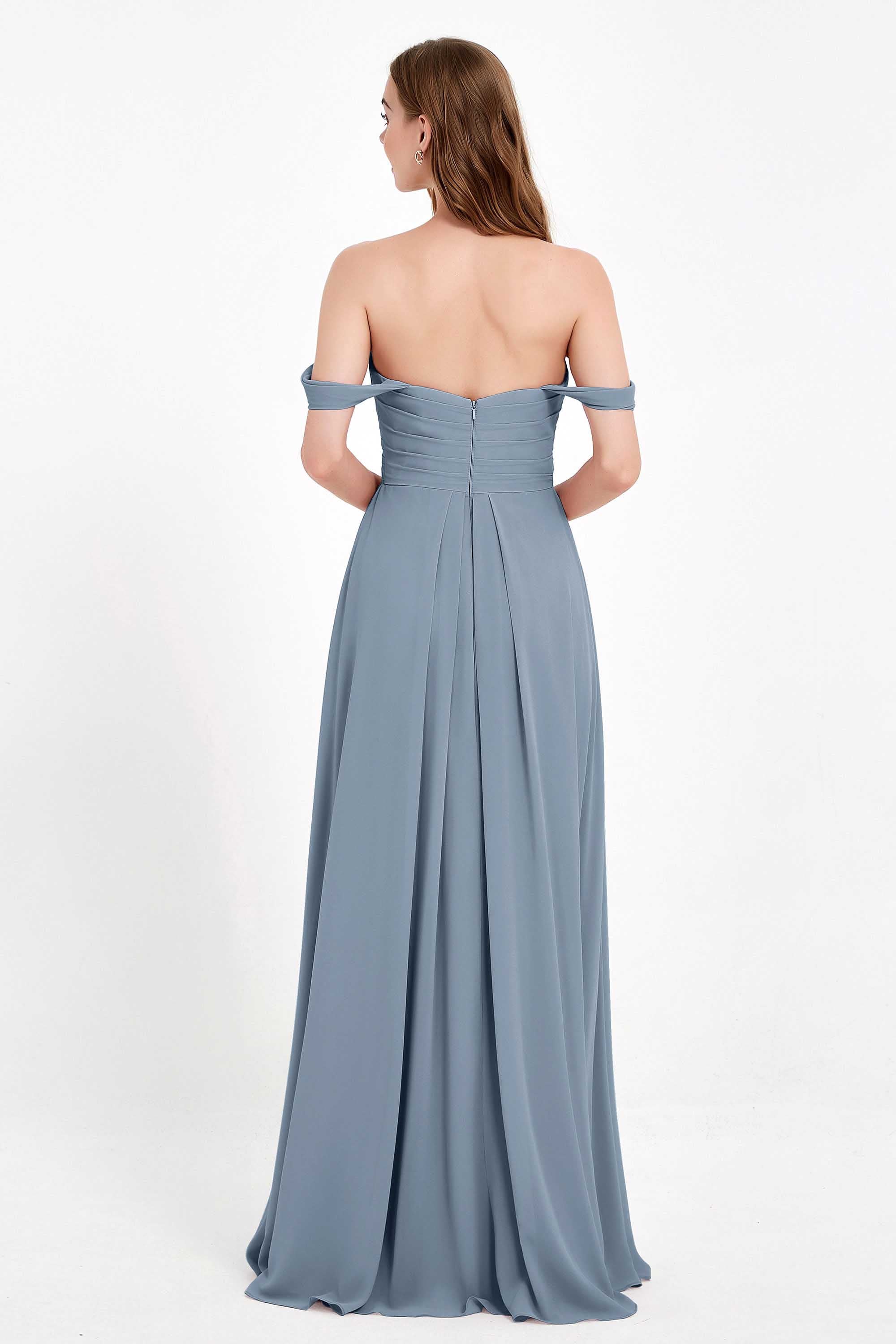 Off the Shoulder Chiffon Empire Bridesmaid Dress Pleated Ruched Long Formal Evening Gowns