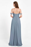 Off the Shoulder Chiffon Empire Bridesmaid Dress Pleated Ruched Long Formal Evening Gowns