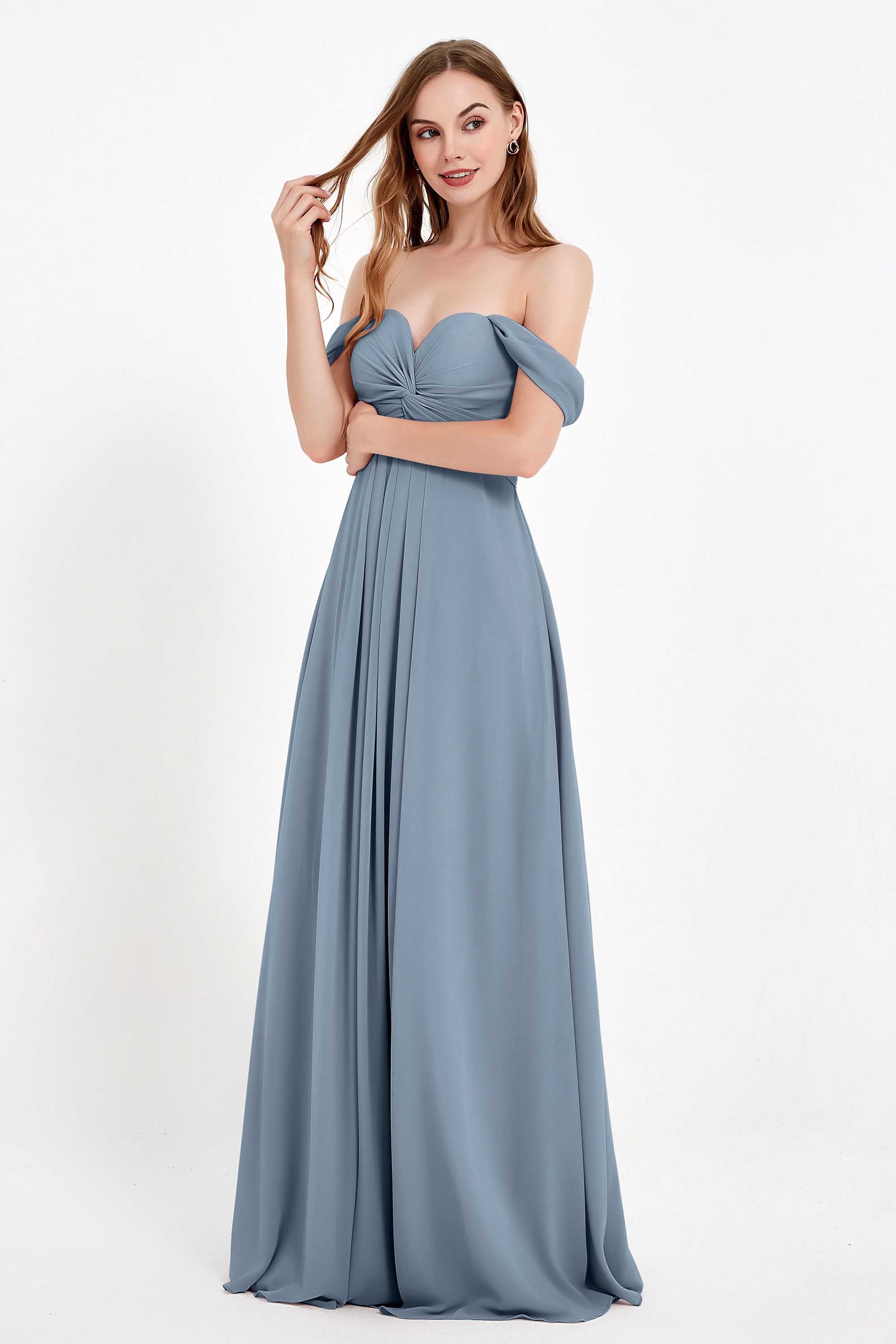 Off the Shoulder Chiffon Empire Bridesmaid Dress Pleated Ruched Long Formal Evening Gowns