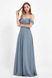 Off the Shoulder Chiffon Empire Bridesmaid Dress Pleated Ruched Long Formal Evening Gowns