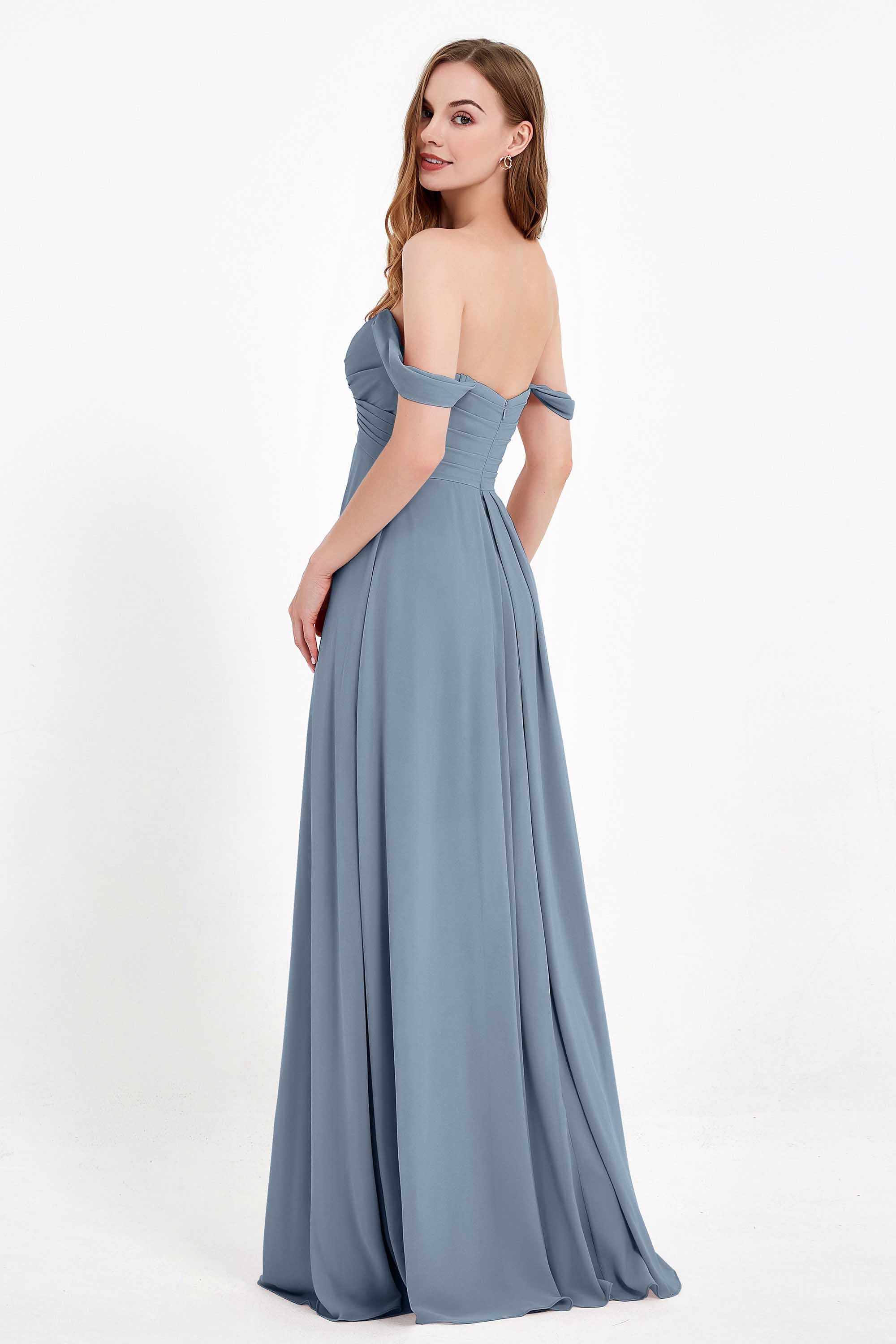 Off the Shoulder Chiffon Empire Bridesmaid Dress Pleated Ruched Long Formal Evening Gowns