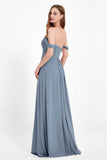 Off the Shoulder Chiffon Empire Bridesmaid Dress Pleated Ruched Long Formal Evening Gowns