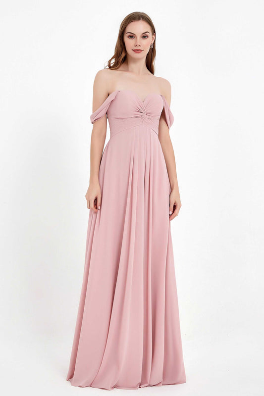 Off the Shoulder Chiffon Empire Bridesmaid Dress Pleated Ruched Long Formal Evening Gowns