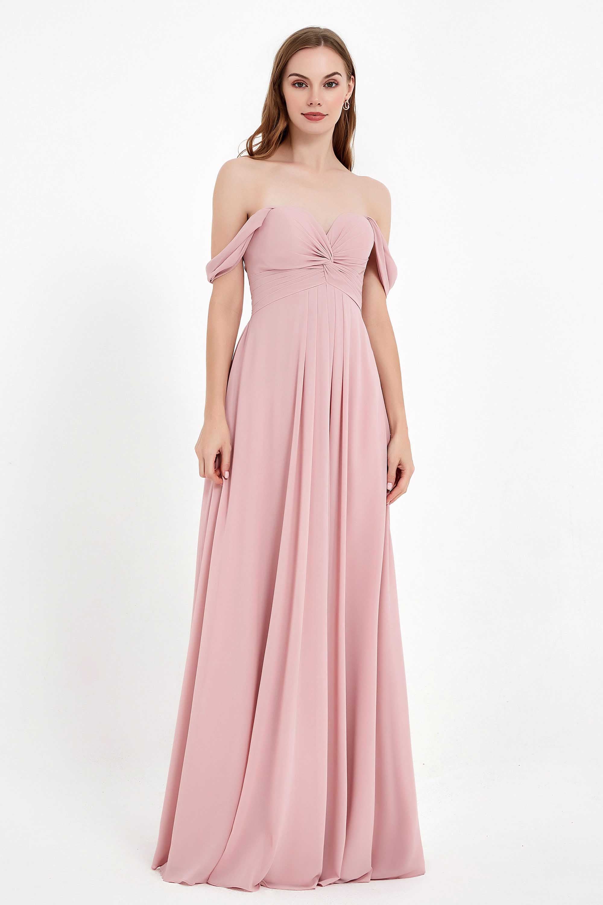 Off the Shoulder Chiffon Empire Bridesmaid Dress Pleated Ruched Long Formal Evening Gowns