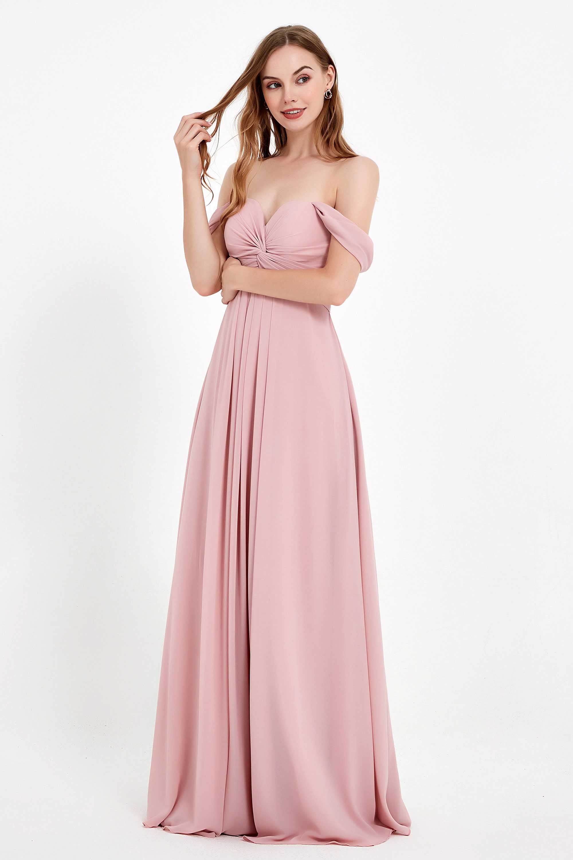 Off the Shoulder Chiffon Empire Bridesmaid Dress Pleated Ruched Long Formal Evening Gowns