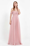 Off the Shoulder Chiffon Empire Bridesmaid Dress Pleated Ruched Long Formal Evening Gowns