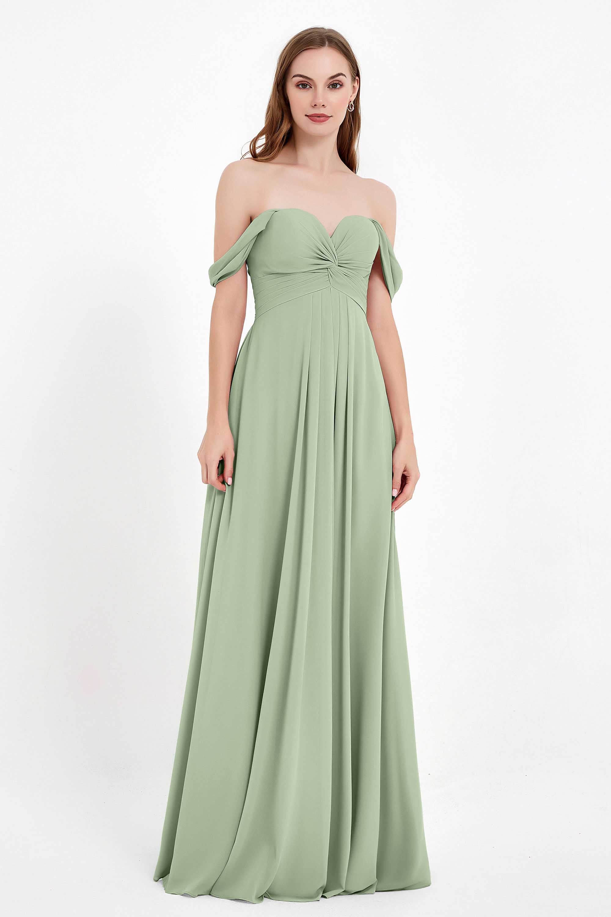 Off the Shoulder Chiffon Empire Bridesmaid Dress Pleated Ruched Long Formal Evening Gowns