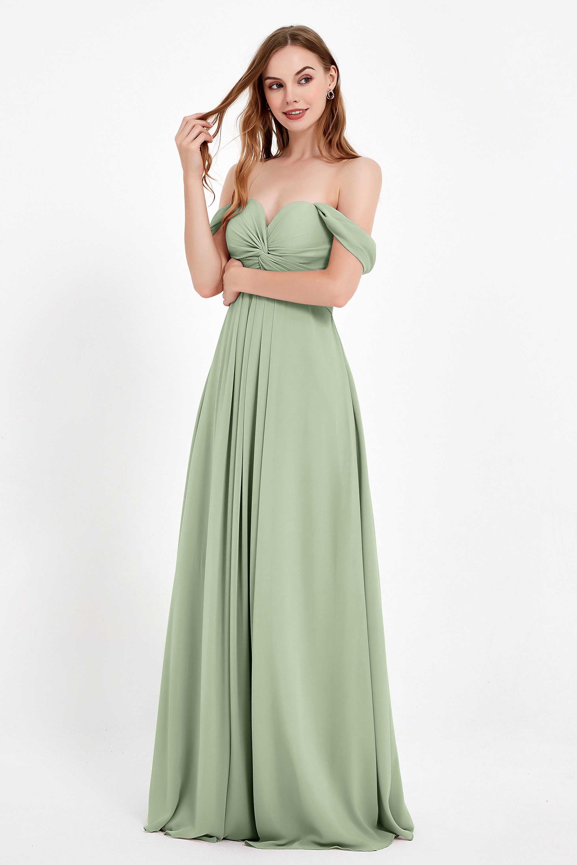 Off the Shoulder Chiffon Empire Bridesmaid Dress Pleated Ruched Long Formal Evening Gowns