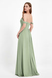 Off the Shoulder Chiffon Empire Bridesmaid Dress Pleated Ruched Long Formal Evening Gowns