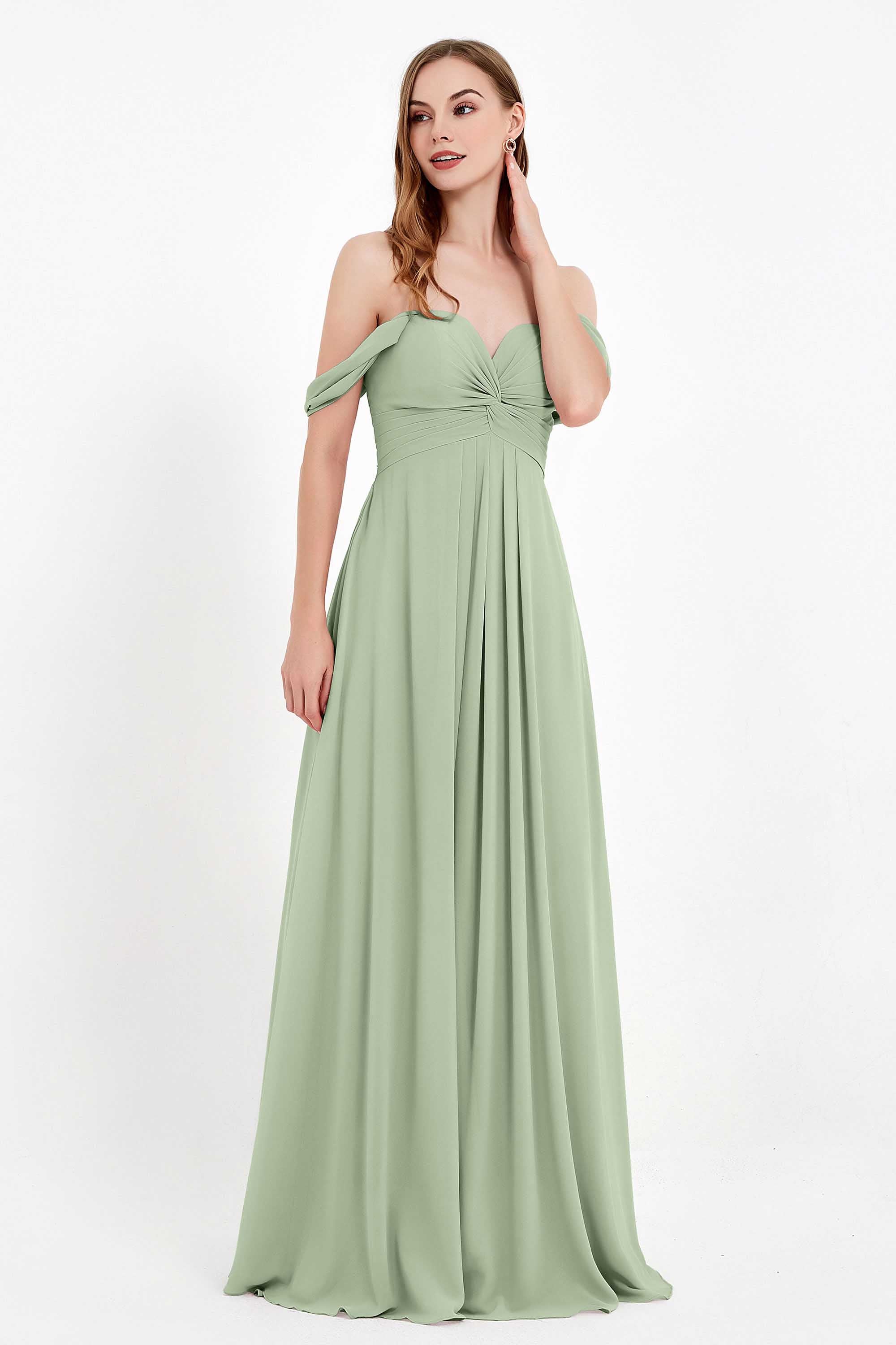 Off the Shoulder Chiffon Empire Bridesmaid Dress Pleated Ruched Long Formal Evening Gowns