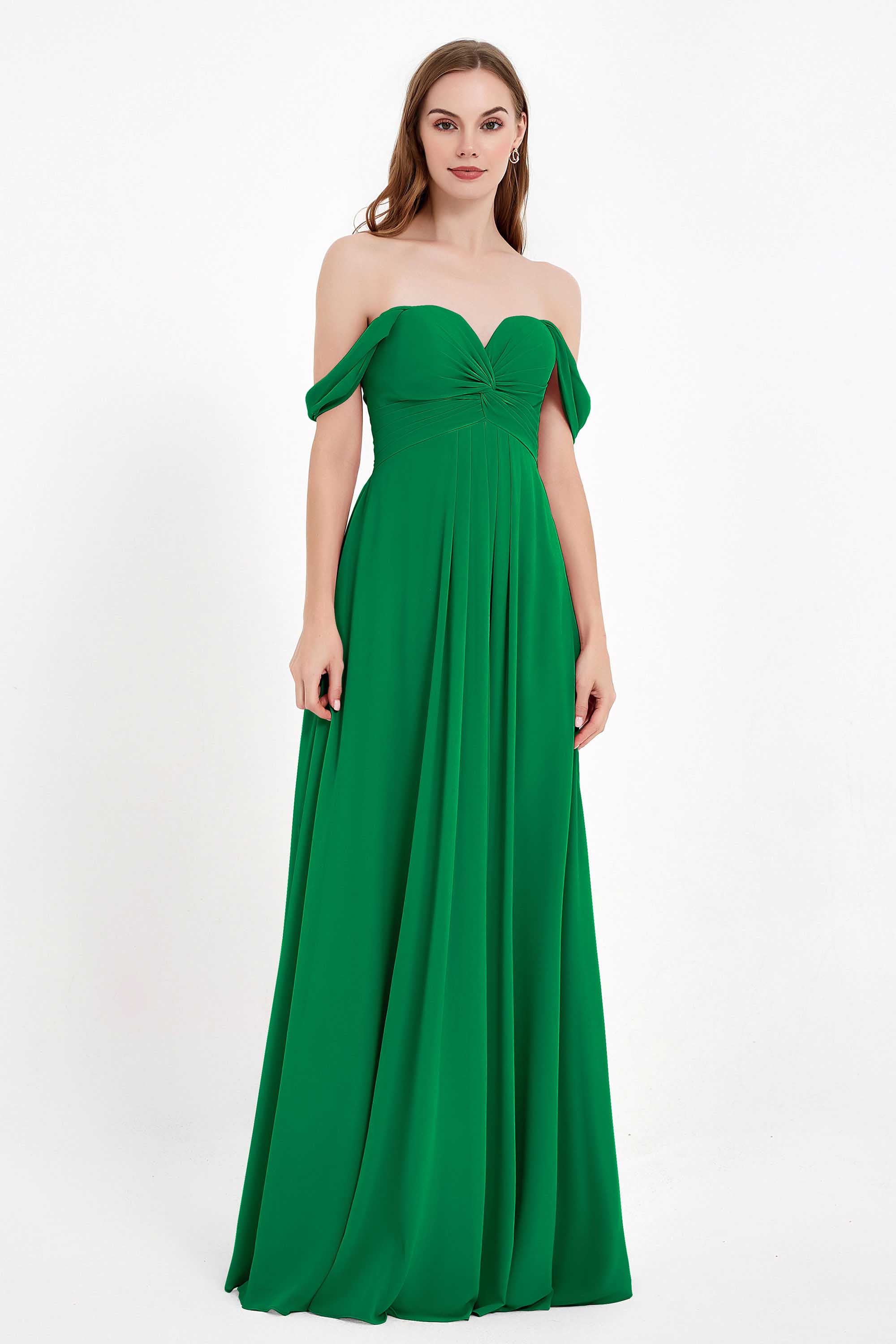 Off the Shoulder Chiffon Empire Bridesmaid Dress Pleated Ruched Long Formal Evening Gowns
