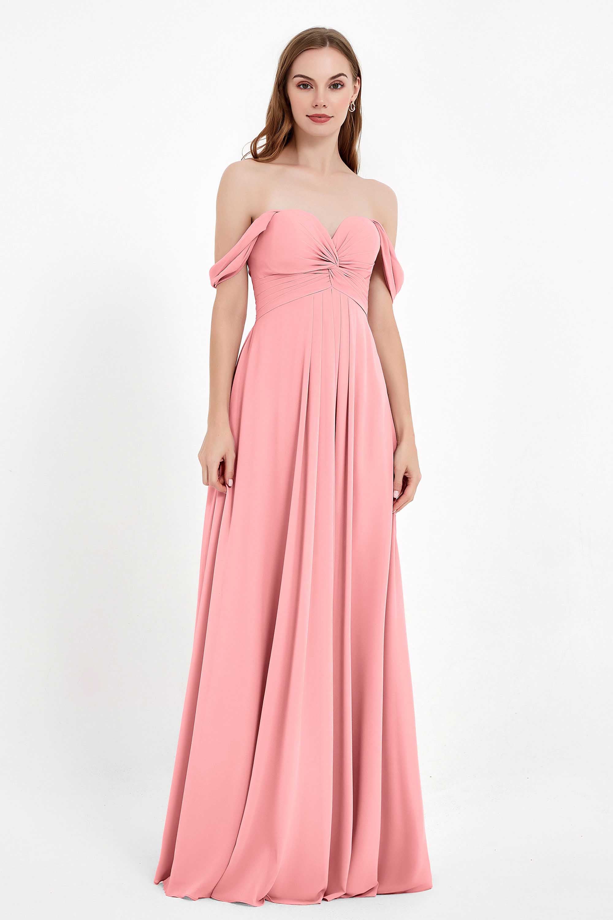 Off the Shoulder Chiffon Empire Bridesmaid Dress Pleated Ruched Long Formal Evening Gowns