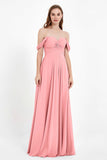 Off the Shoulder Chiffon Empire Bridesmaid Dress Pleated Ruched Long Formal Evening Gowns