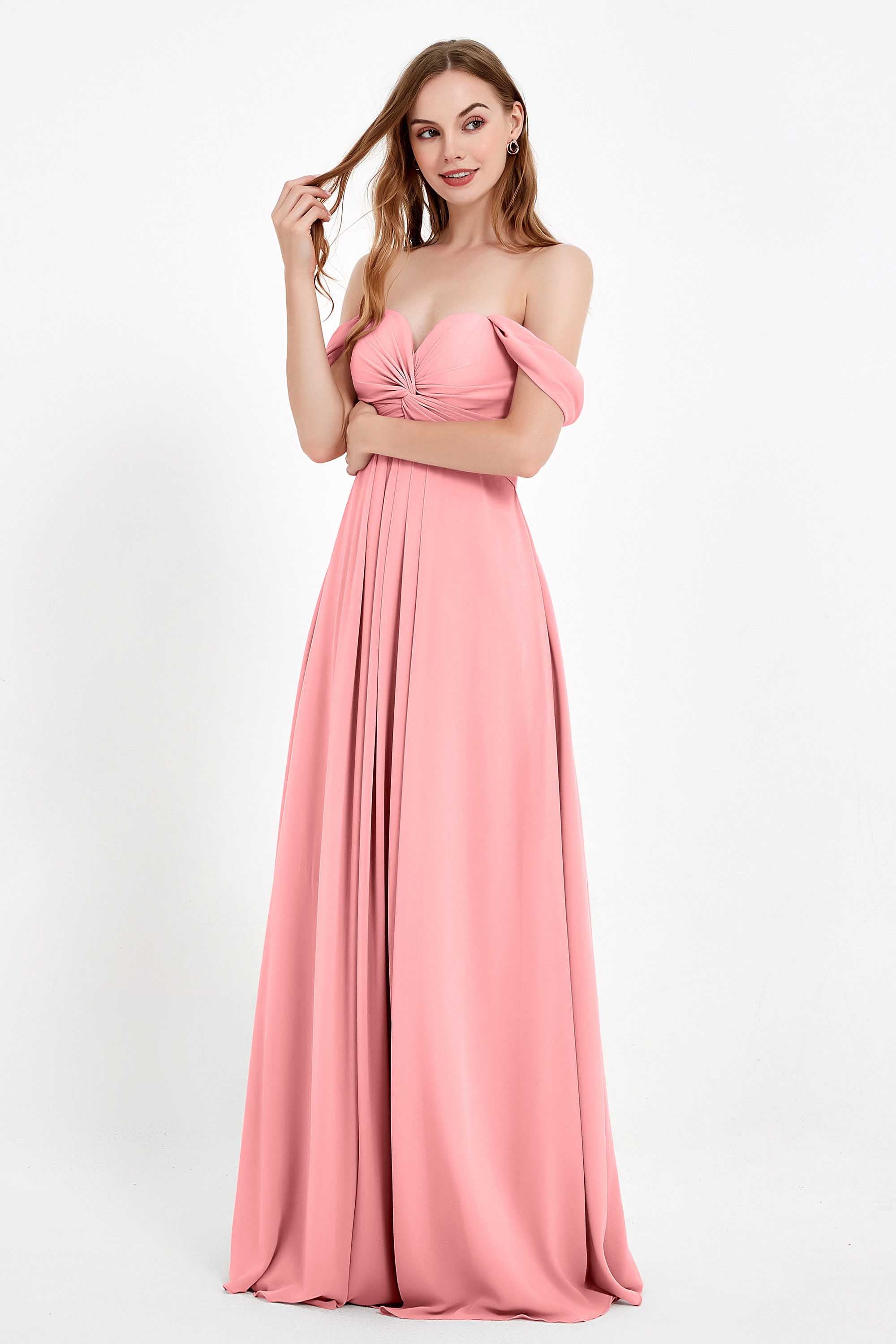 Off the Shoulder Chiffon Empire Bridesmaid Dress Pleated Ruched Long Formal Evening Gowns