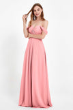 Off the Shoulder Chiffon Empire Bridesmaid Dress Pleated Ruched Long Formal Evening Gowns