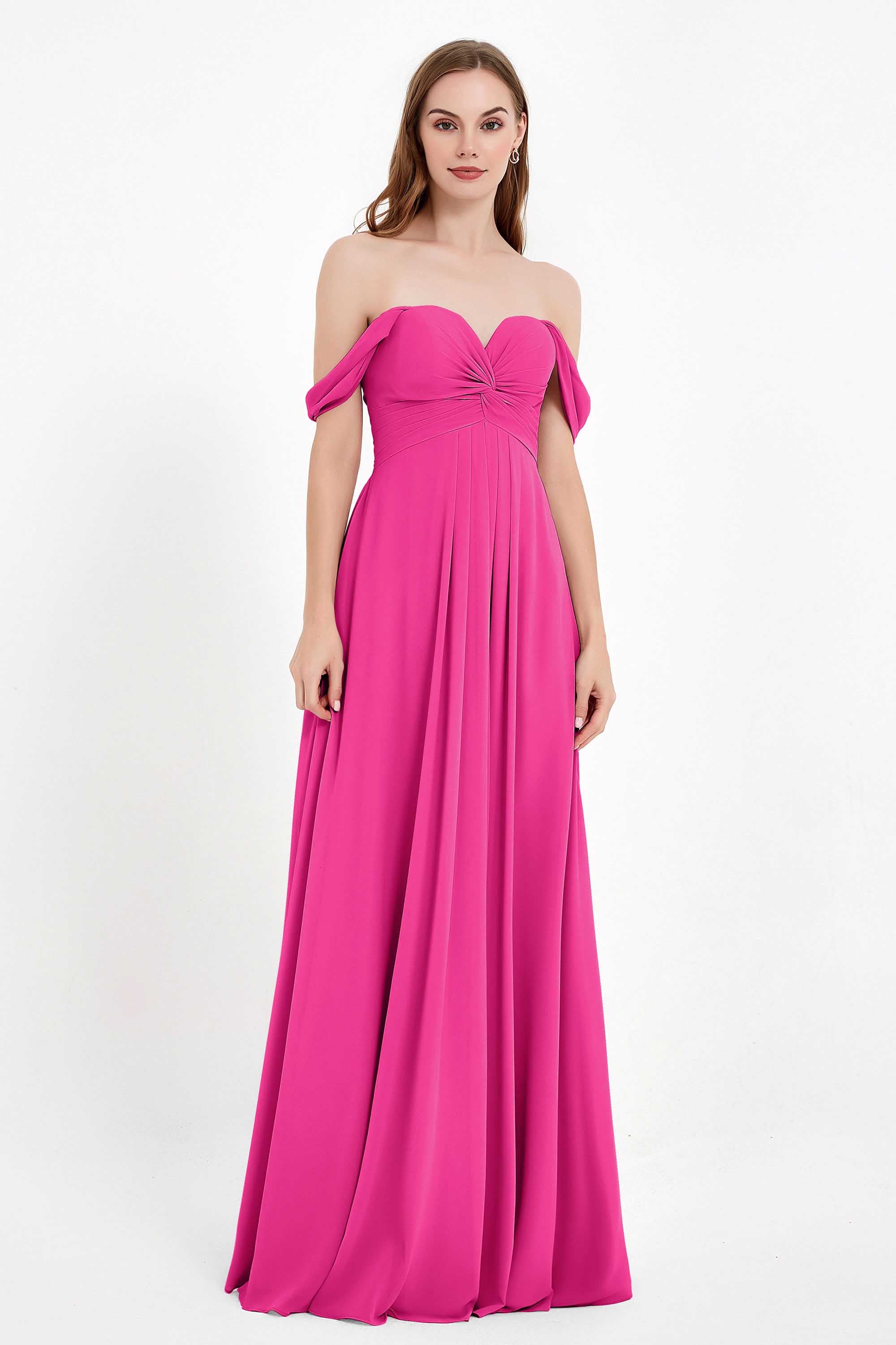 Off the Shoulder Chiffon Empire Bridesmaid Dress Pleated Ruched Long Formal Evening Gowns