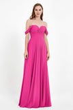 Off the Shoulder Chiffon Empire Bridesmaid Dress Pleated Ruched Long Formal Evening Gowns