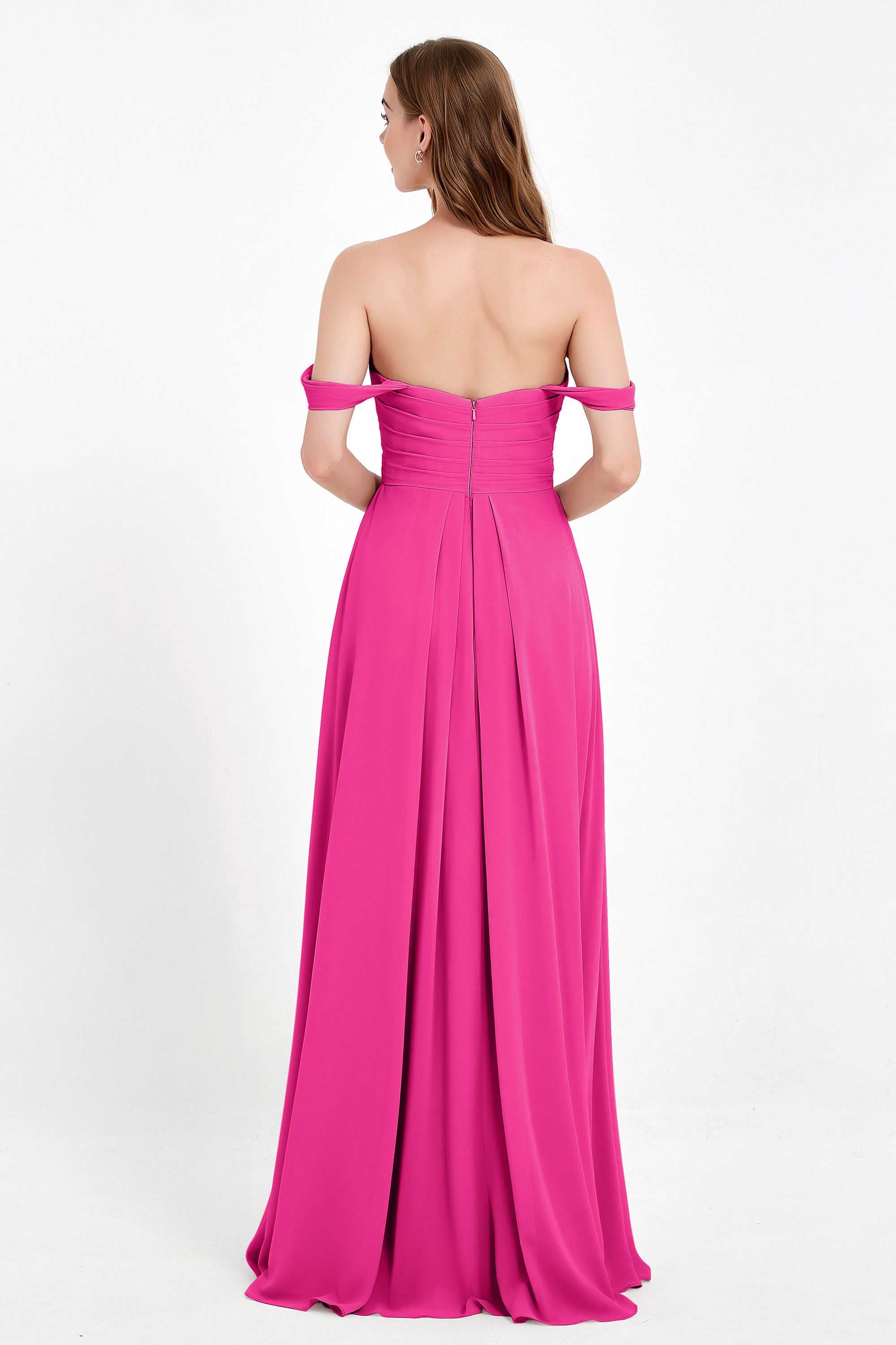 Off the Shoulder Chiffon Empire Bridesmaid Dress Pleated Ruched Long Formal Evening Gowns