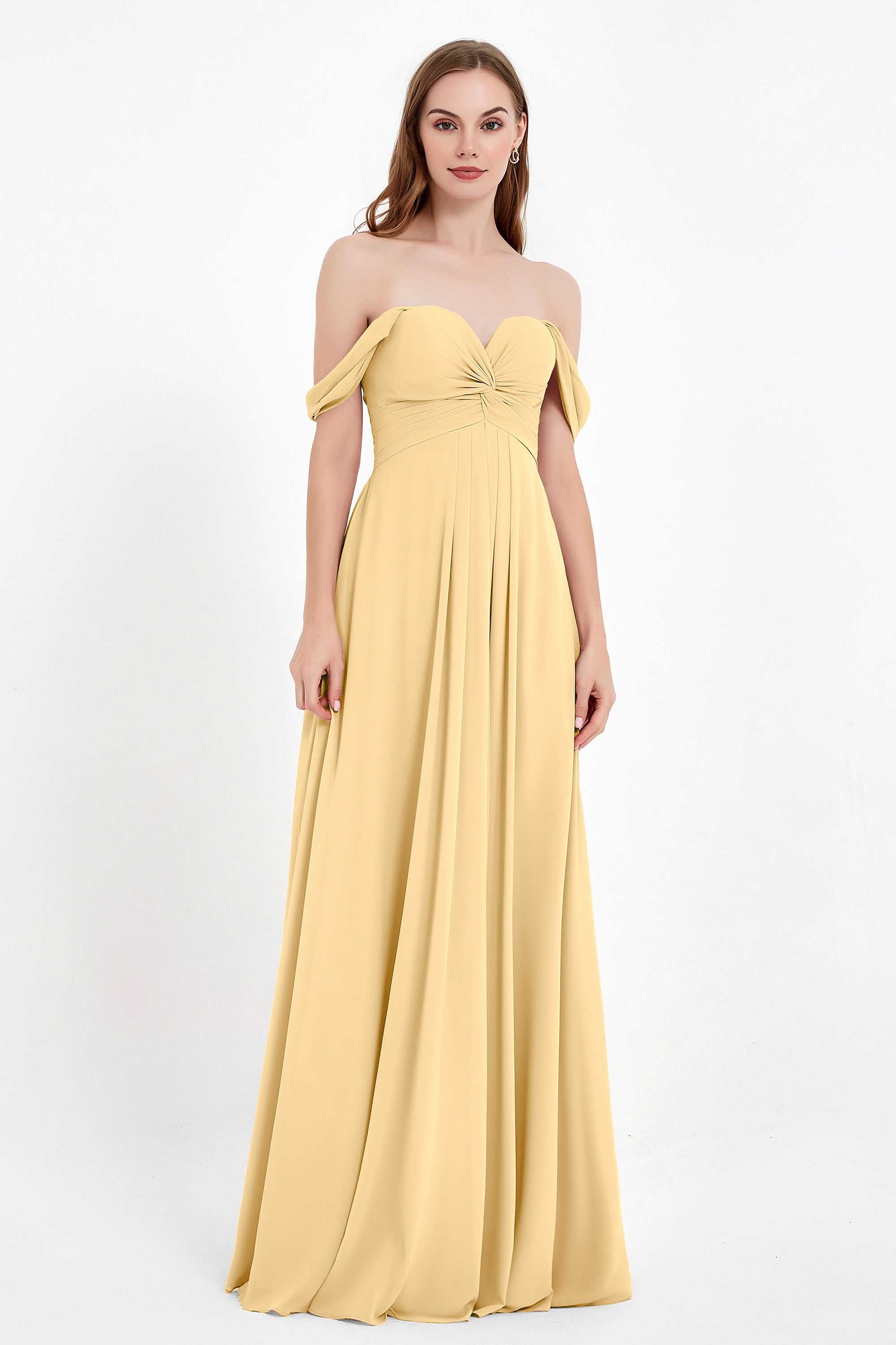 Off the Shoulder Chiffon Empire Bridesmaid Dress Pleated Ruched Long Formal Evening Gowns