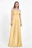 Off the Shoulder Chiffon Empire Bridesmaid Dress Pleated Ruched Long Formal Evening Gowns