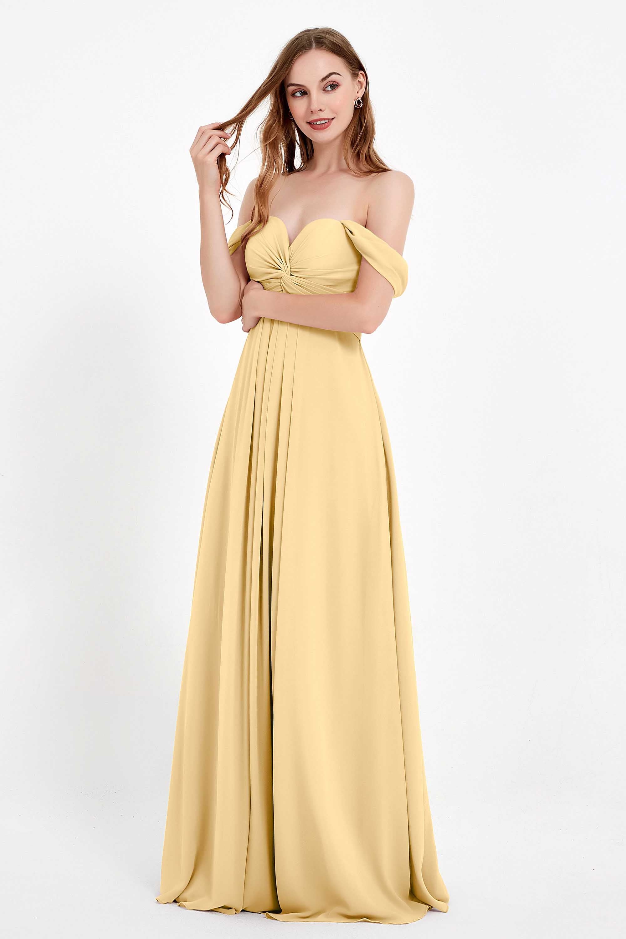 Off the Shoulder Chiffon Empire Bridesmaid Dress Pleated Ruched Long Formal Evening Gowns