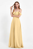 Off the Shoulder Chiffon Empire Bridesmaid Dress Pleated Ruched Long Formal Evening Gowns