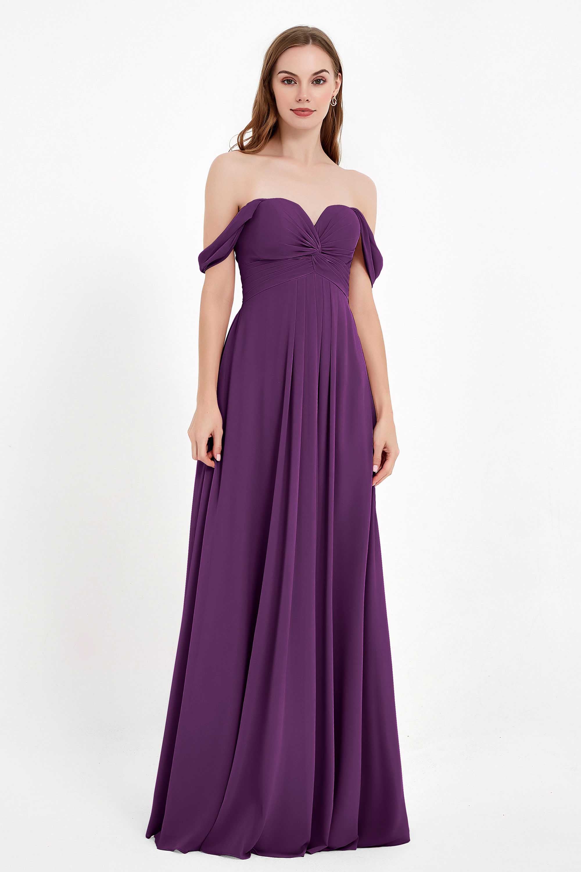 Off the Shoulder Chiffon Empire Bridesmaid Dress Pleated Ruched Long Formal Evening Gowns