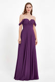 Off the Shoulder Chiffon Empire Bridesmaid Dress Pleated Ruched Long Formal Evening Gowns