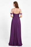 Off the Shoulder Chiffon Empire Bridesmaid Dress Pleated Ruched Long Formal Evening Gowns