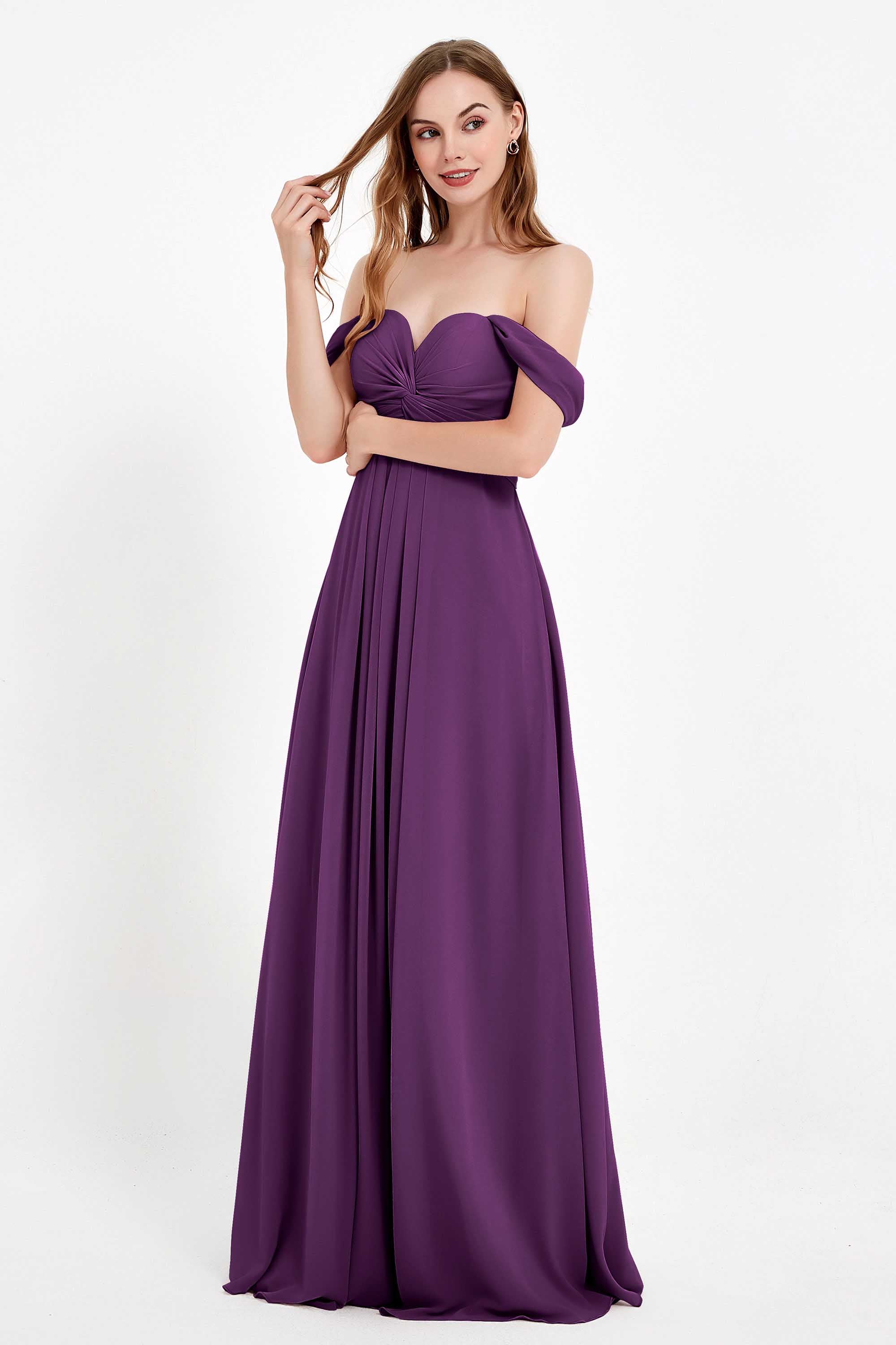 Off the Shoulder Chiffon Empire Bridesmaid Dress Pleated Ruched Long Formal Evening Gowns
