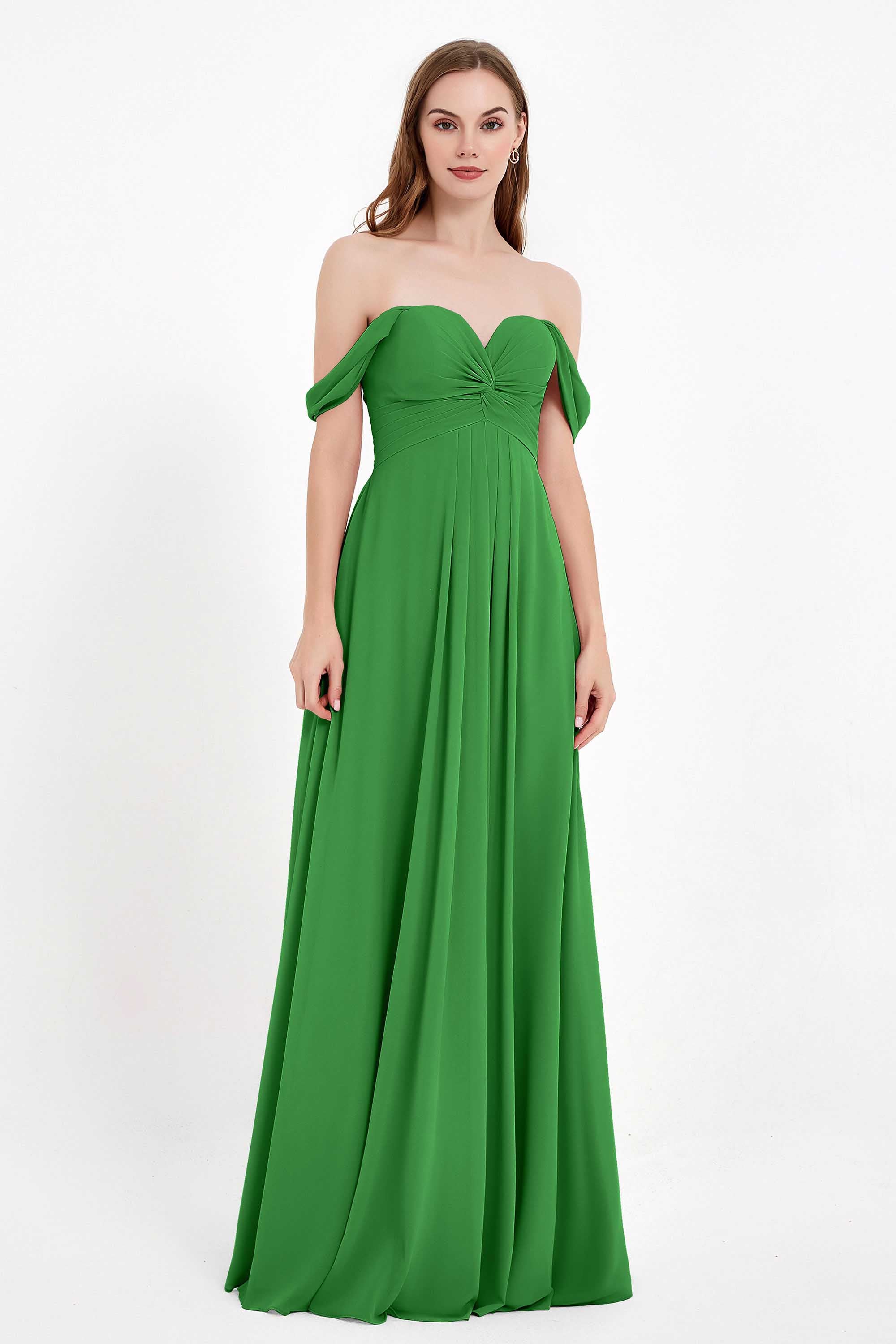 Off the Shoulder Chiffon Empire Bridesmaid Dress Pleated Ruched Long Formal Evening Gowns