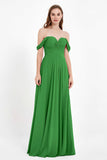 Off the Shoulder Chiffon Empire Bridesmaid Dress Pleated Ruched Long Formal Evening Gowns