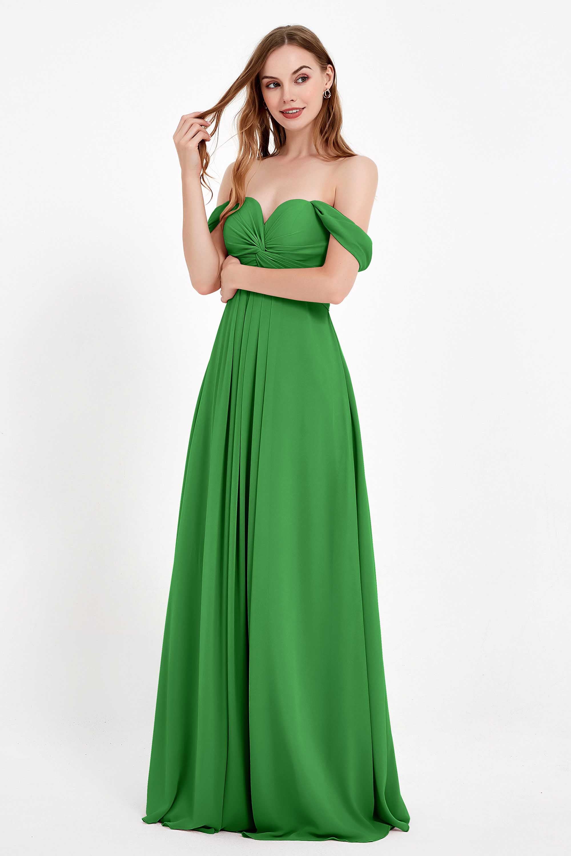 Off the Shoulder Chiffon Empire Bridesmaid Dress Pleated Ruched Long Formal Evening Gowns