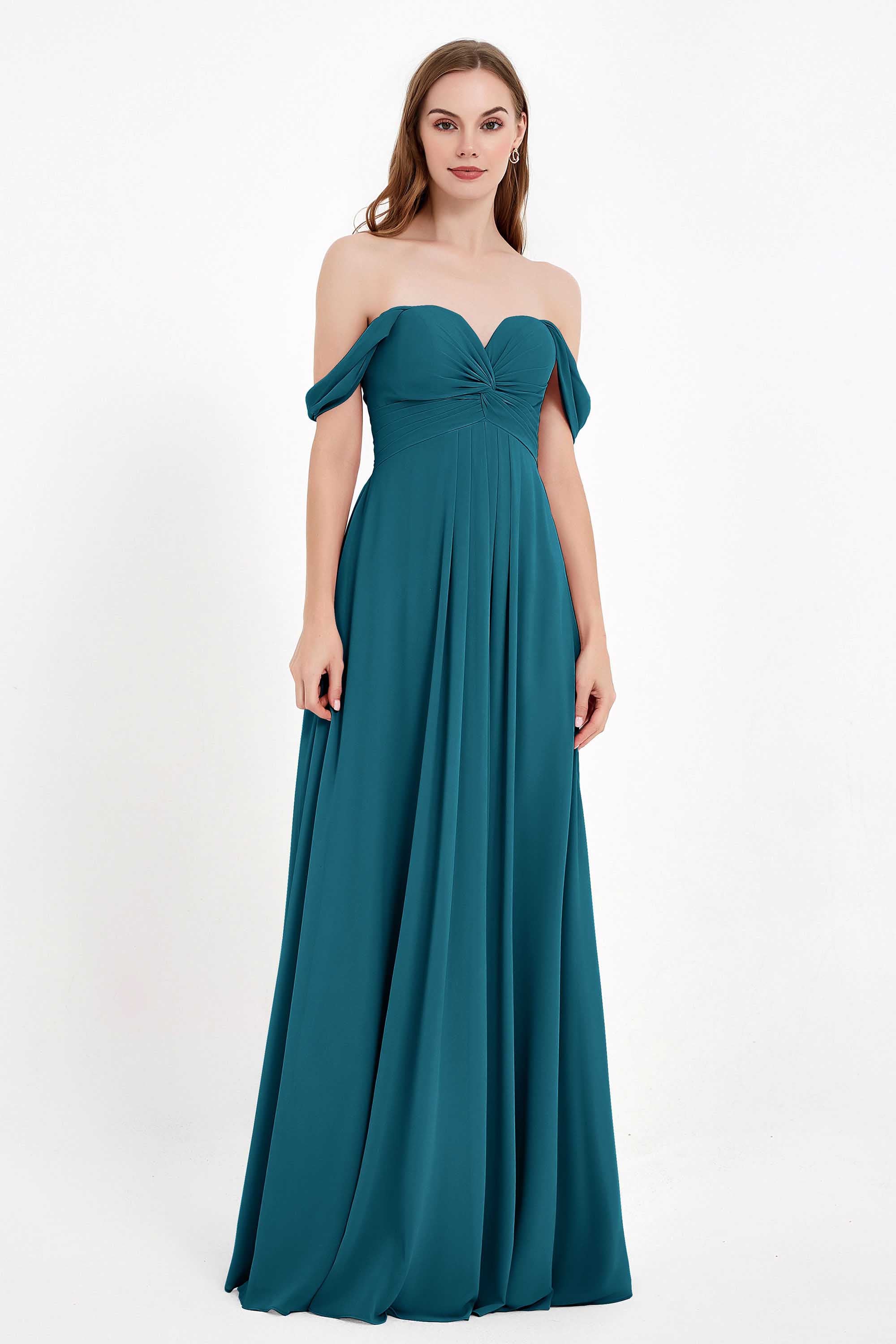 Off the Shoulder Chiffon Empire Bridesmaid Dress Pleated Ruched Long Formal Evening Gowns