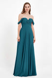 Off the Shoulder Chiffon Empire Bridesmaid Dress Pleated Ruched Long Formal Evening Gowns