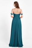 Off the Shoulder Chiffon Empire Bridesmaid Dress Pleated Ruched Long Formal Evening Gowns