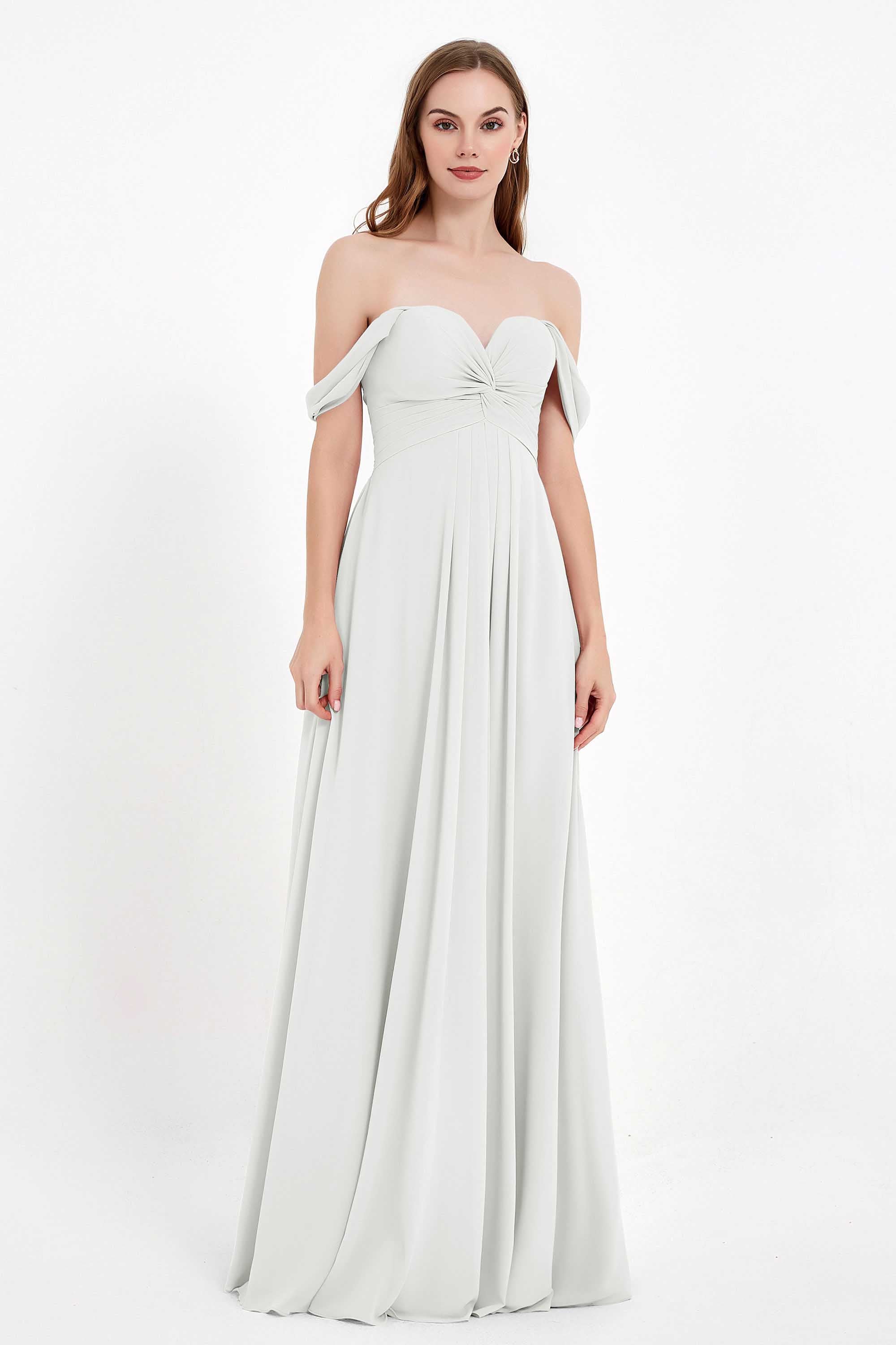 Off the Shoulder Chiffon Empire Bridesmaid Dress Pleated Ruched Long Formal Evening Gowns