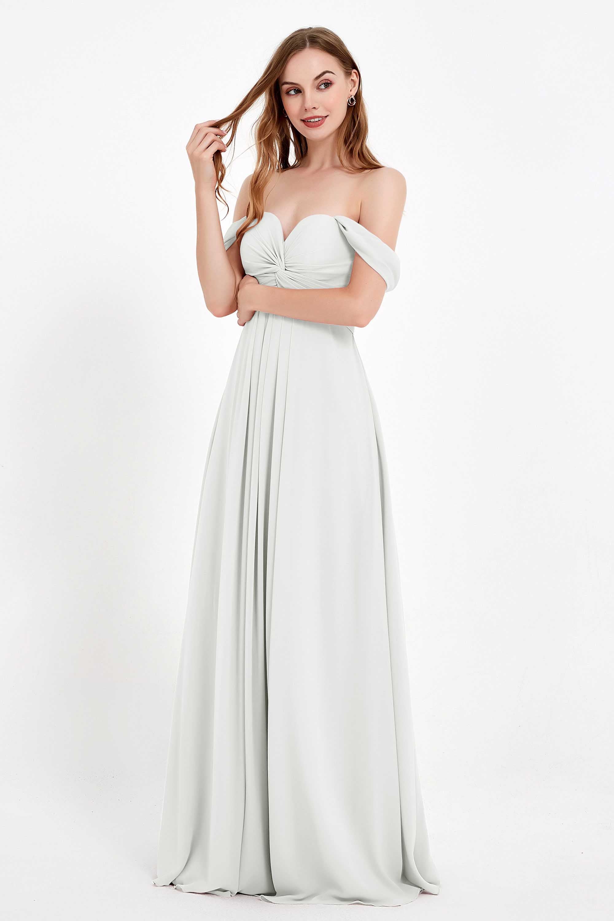 Off the Shoulder Chiffon Empire Bridesmaid Dress Pleated Ruched Long Formal Evening Gowns
