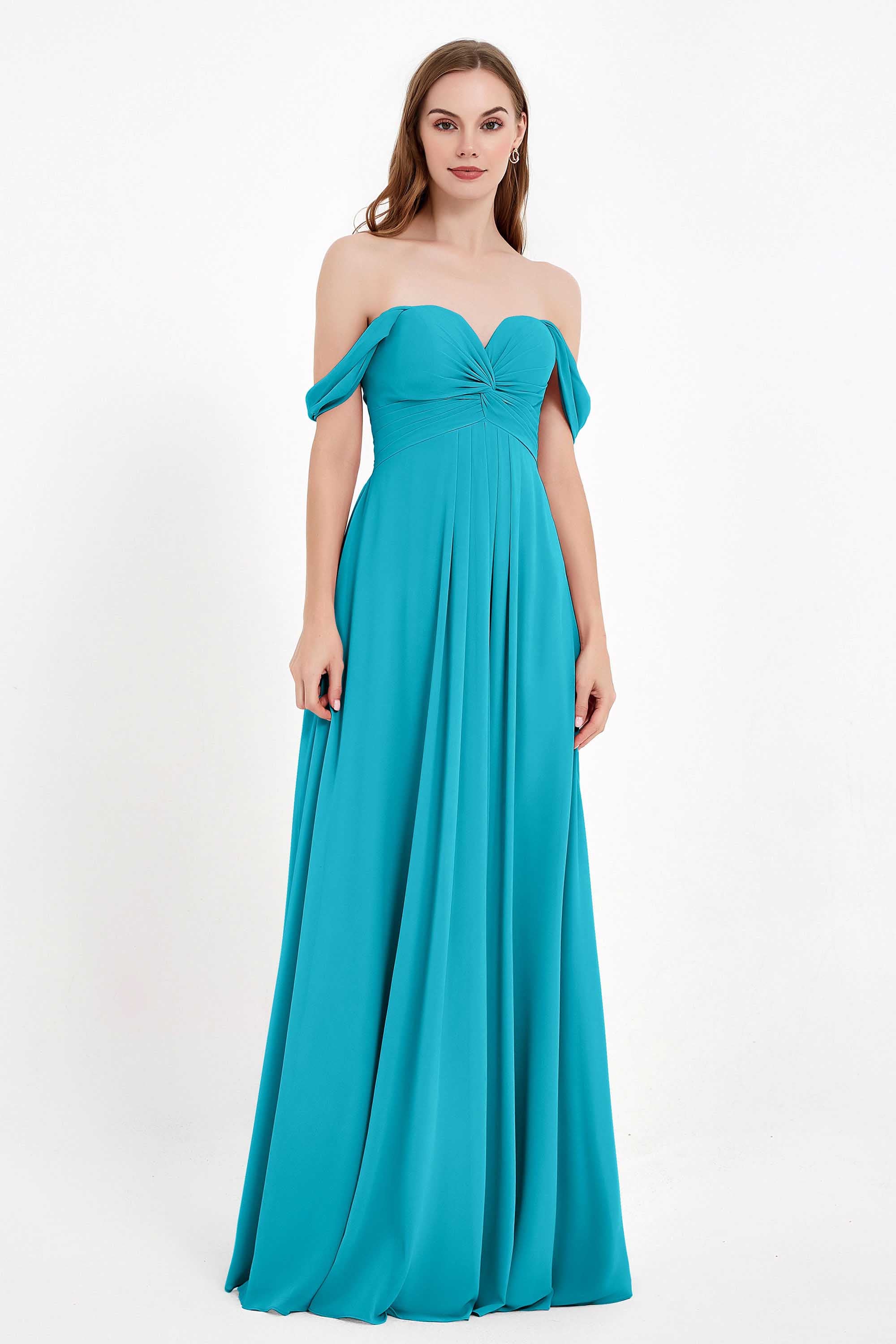 Off the Shoulder Chiffon Empire Bridesmaid Dress Pleated Ruched Long Formal Evening Gowns
