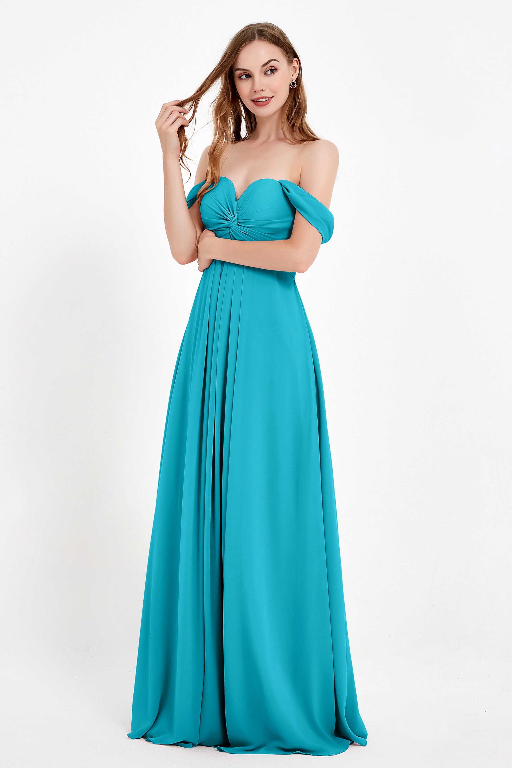 Off the Shoulder Chiffon Empire Bridesmaid Dress Pleated Ruched Long Formal Evening Gowns