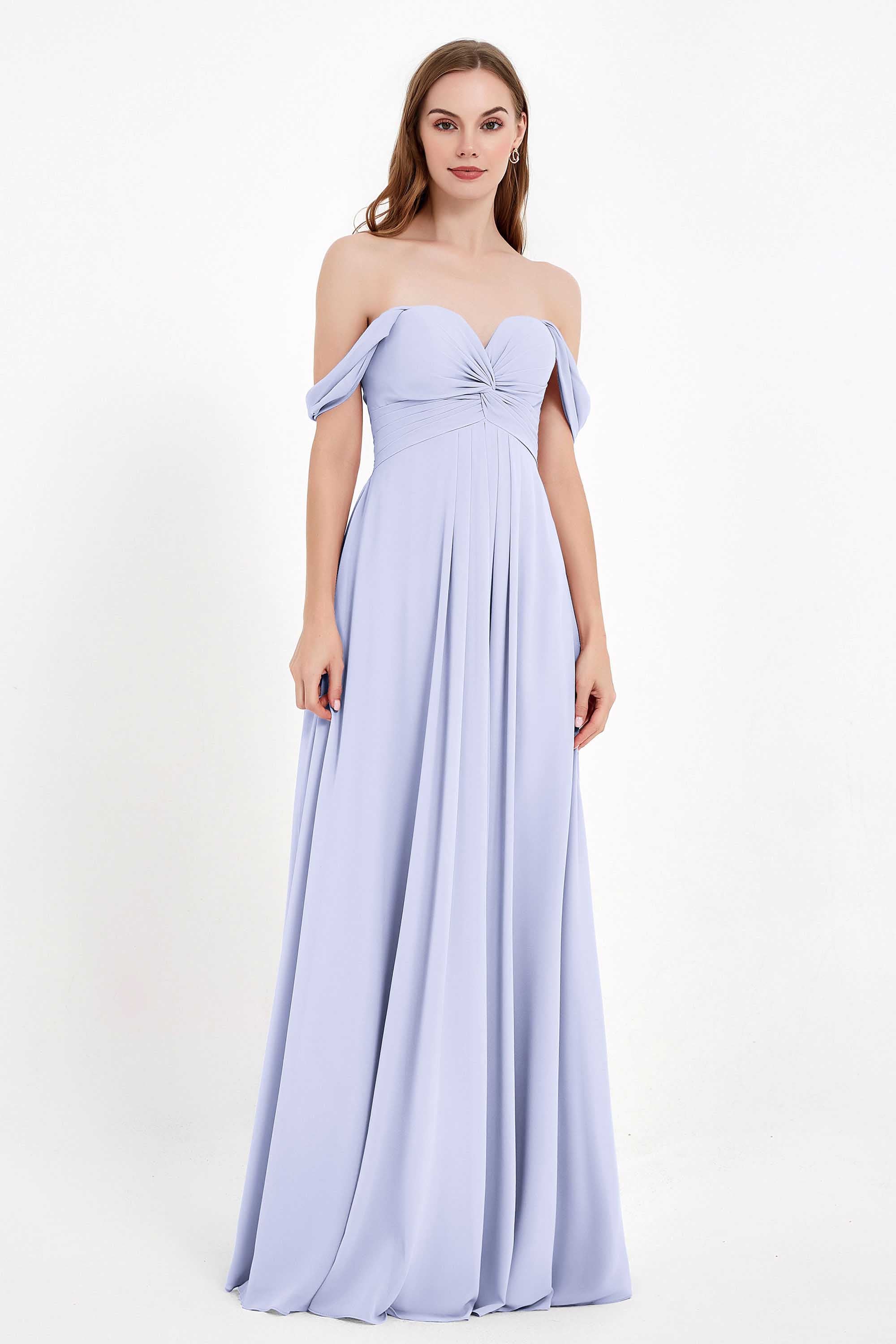 Off the Shoulder Chiffon Empire Bridesmaid Dress Pleated Ruched Long Formal Evening Gowns