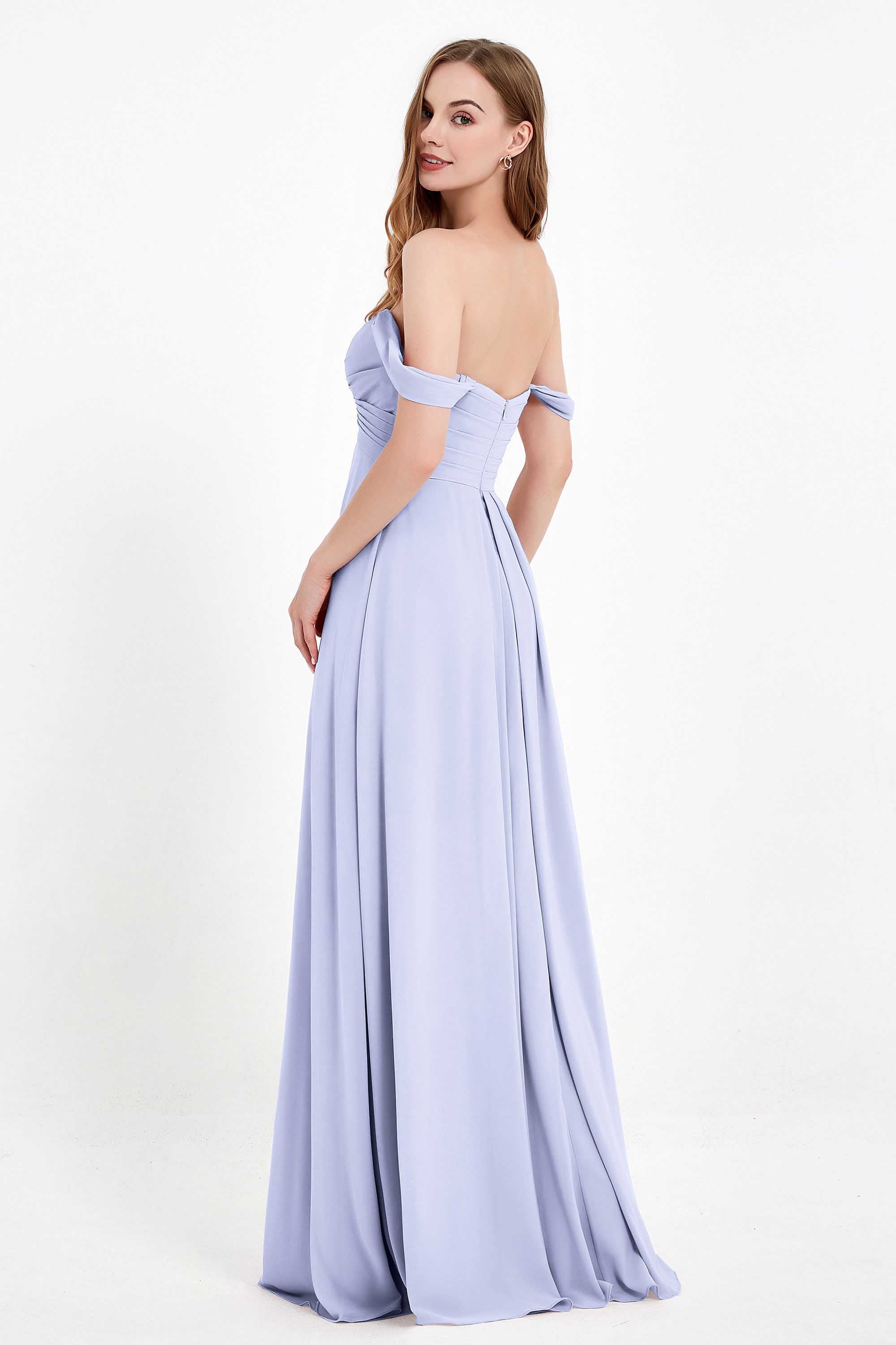 Off the Shoulder Chiffon Empire Bridesmaid Dress Pleated Ruched Long Formal Evening Gowns