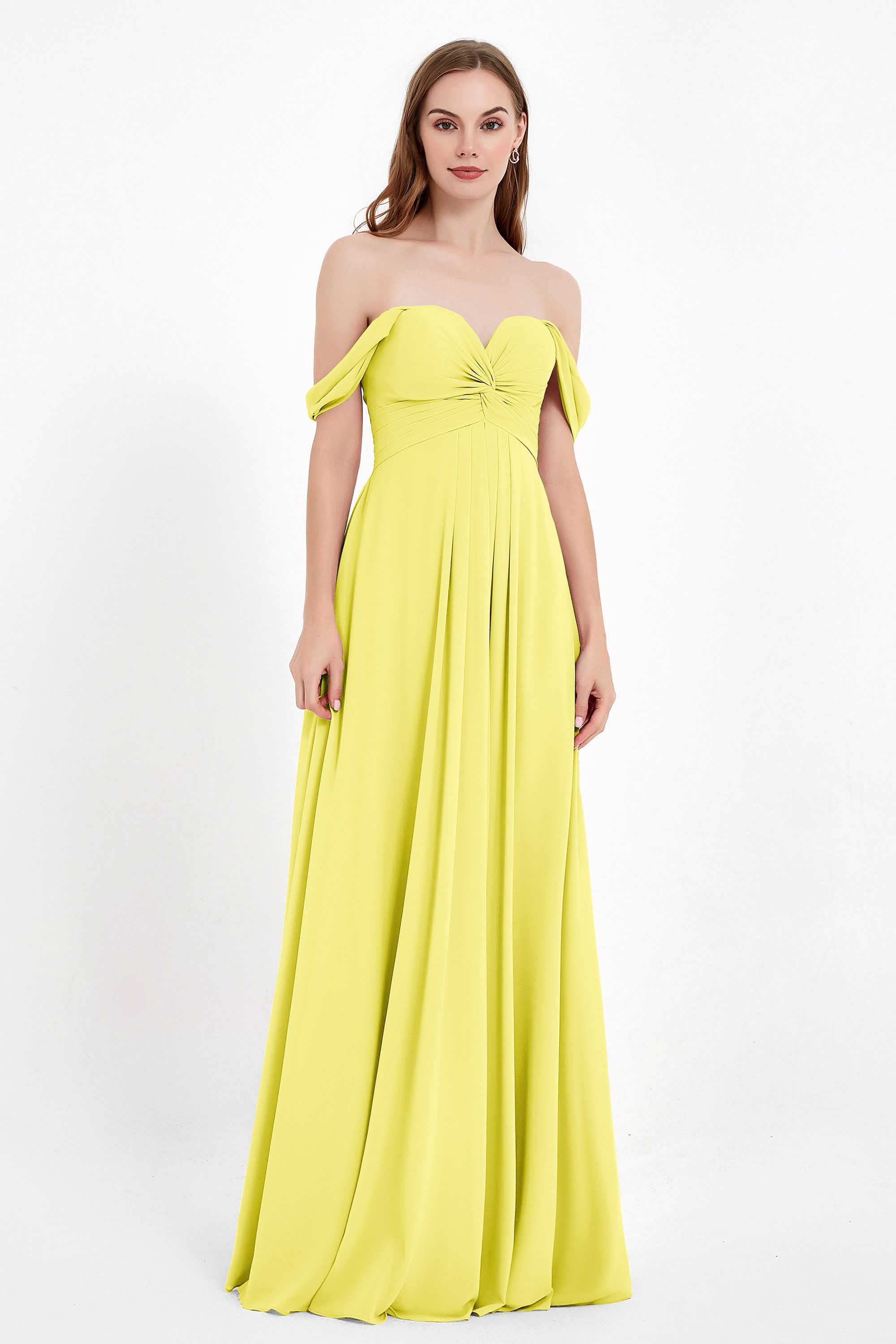 Off the Shoulder Chiffon Empire Bridesmaid Dress Pleated Ruched Long Formal Evening Gowns