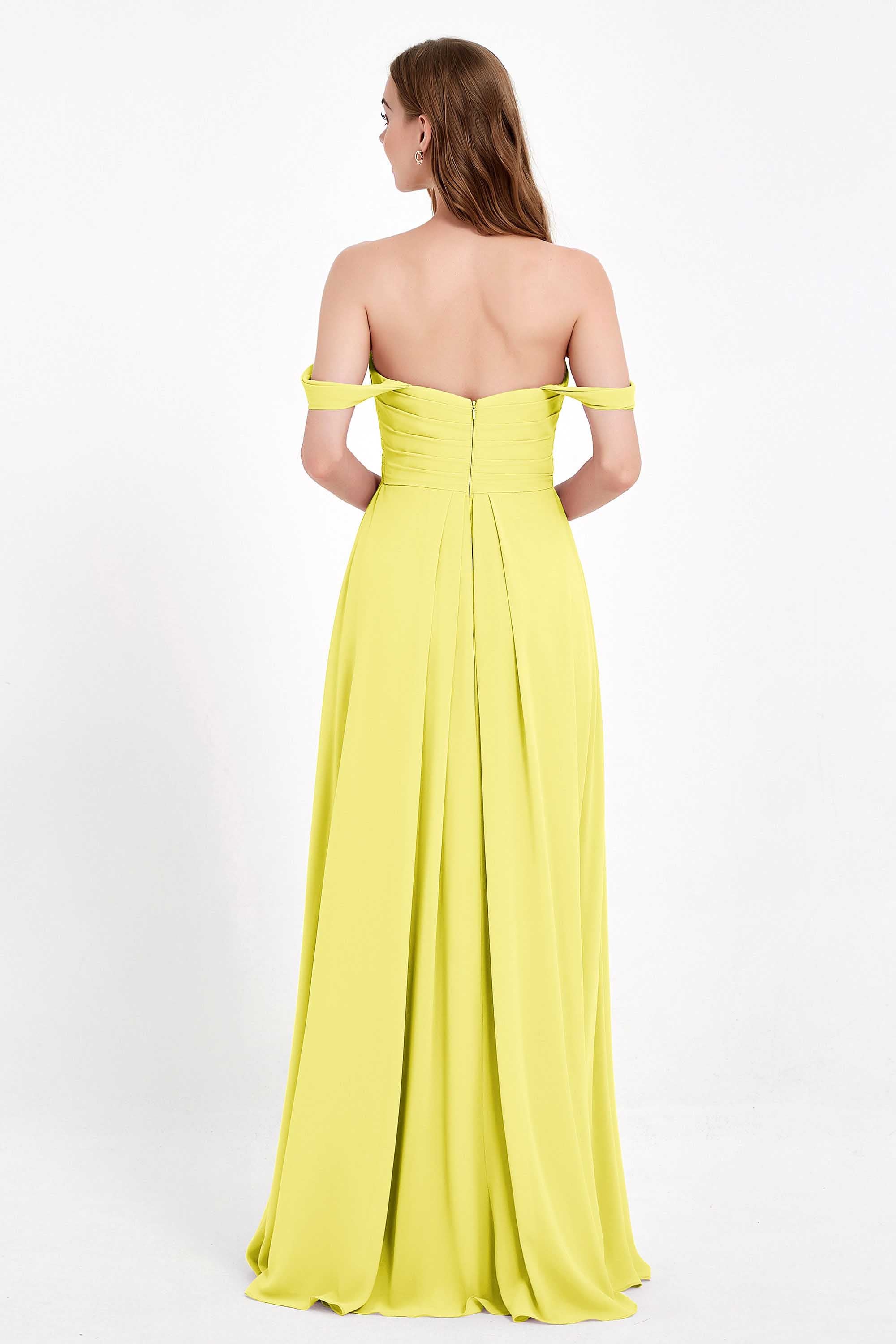 Off the Shoulder Chiffon Empire Bridesmaid Dress Pleated Ruched Long Formal Evening Gowns