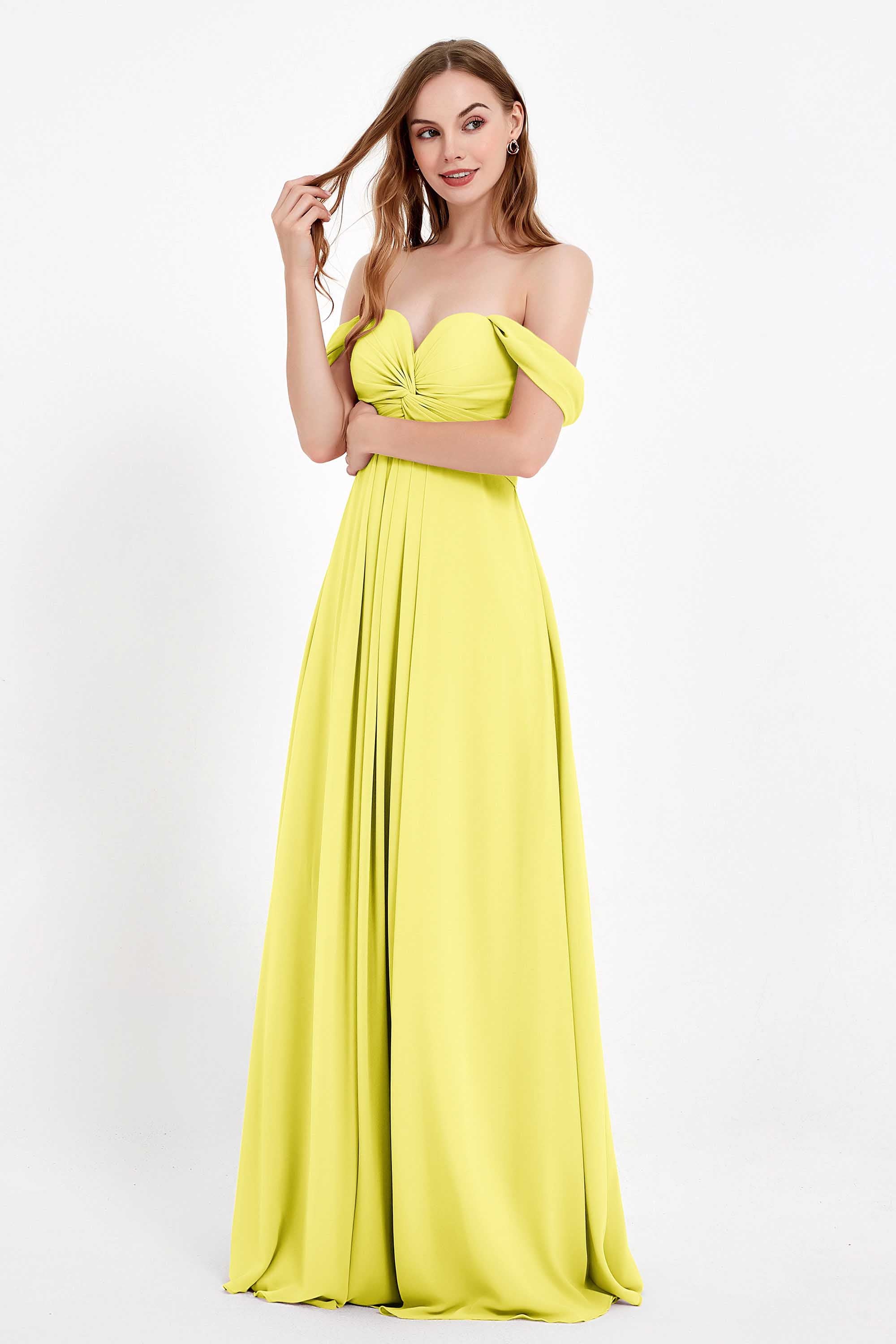 Off the Shoulder Chiffon Empire Bridesmaid Dress Pleated Ruched Long Formal Evening Gowns